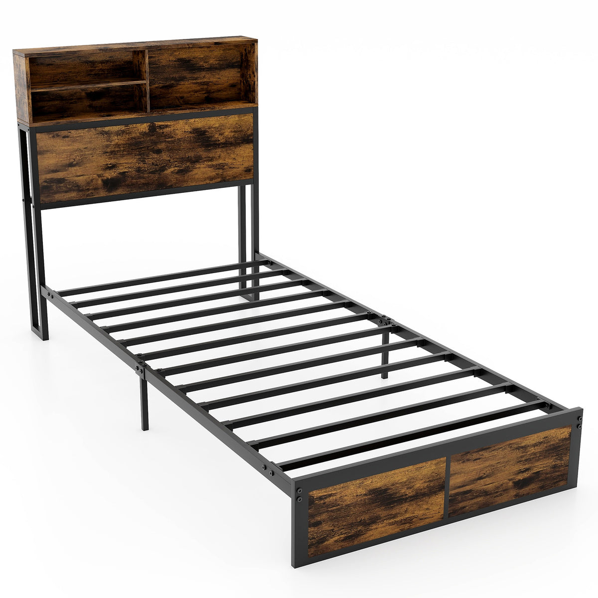 Industrial Metal Platform Bed with Storage Headboard – Twin Size