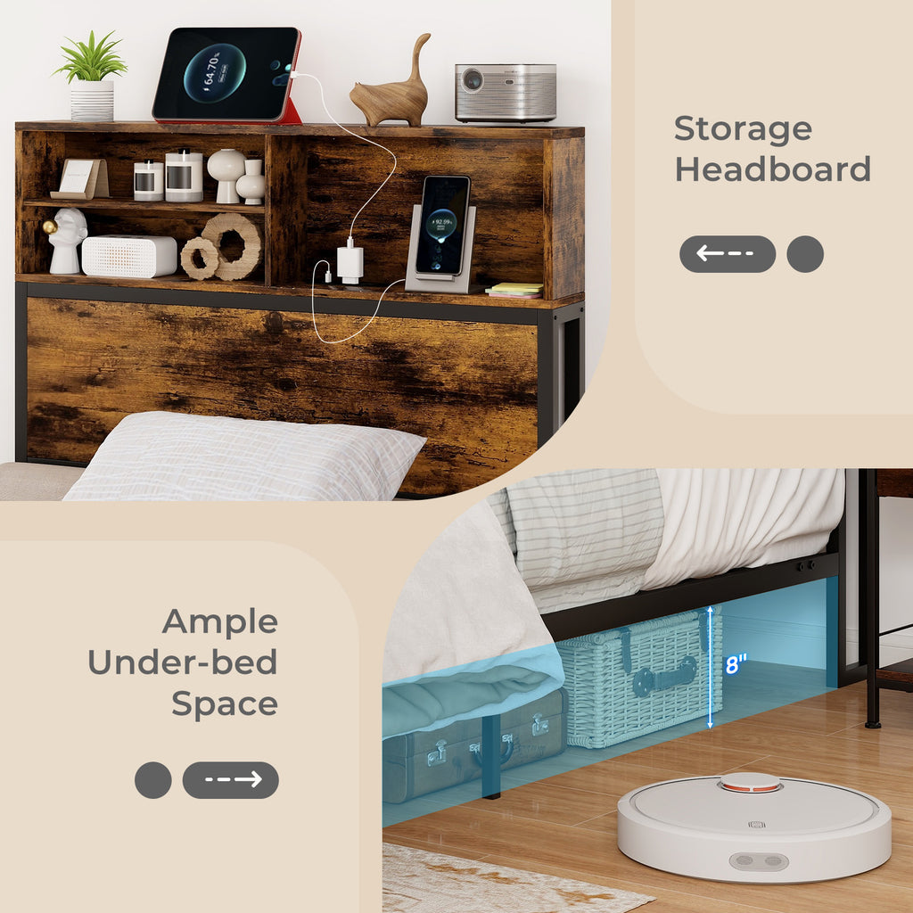 Industrial Metal Platform Bed with Storage Headboard – Twin Size