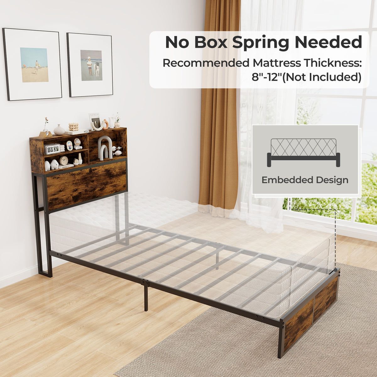 Industrial Metal Platform Bed with Storage Headboard – Twin Size