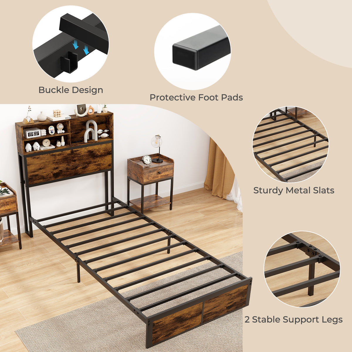Industrial Metal Platform Bed with Storage Headboard – Twin Size