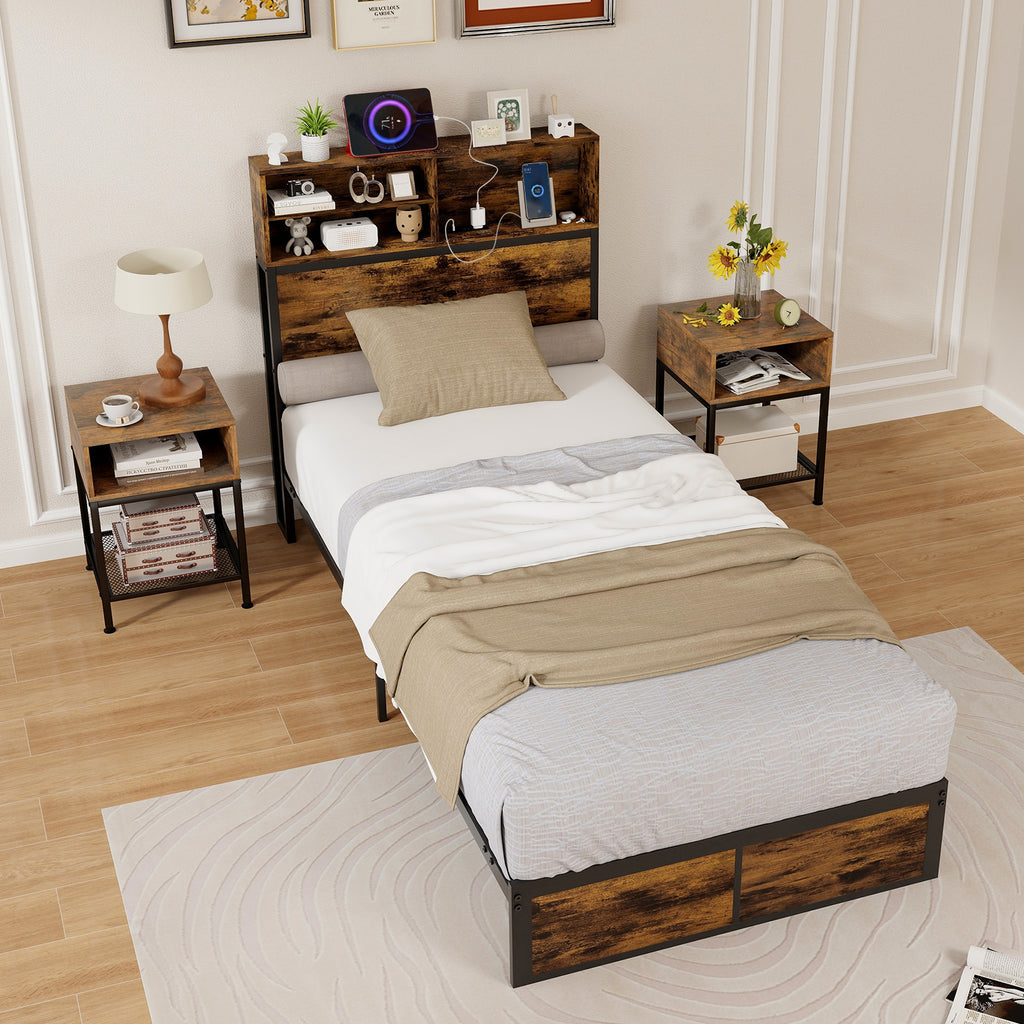 Industrial Metal Platform Bed with Storage Headboard – Twin Size