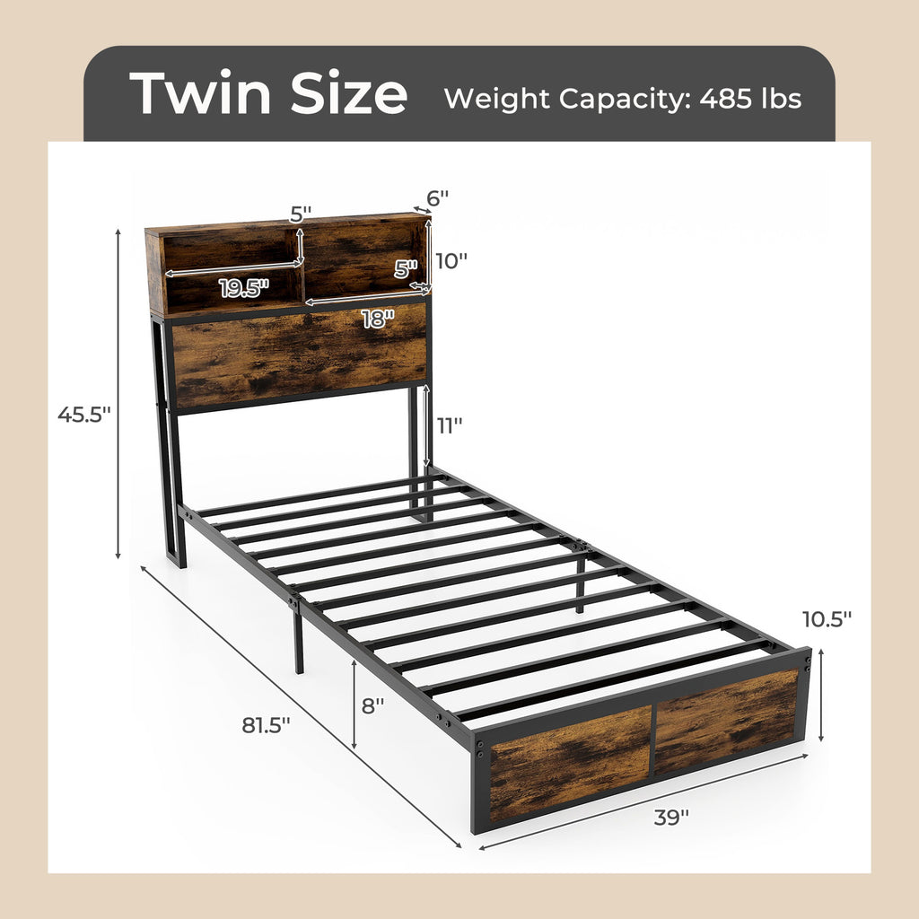 Industrial Metal Platform Bed with Storage Headboard – Twin Size