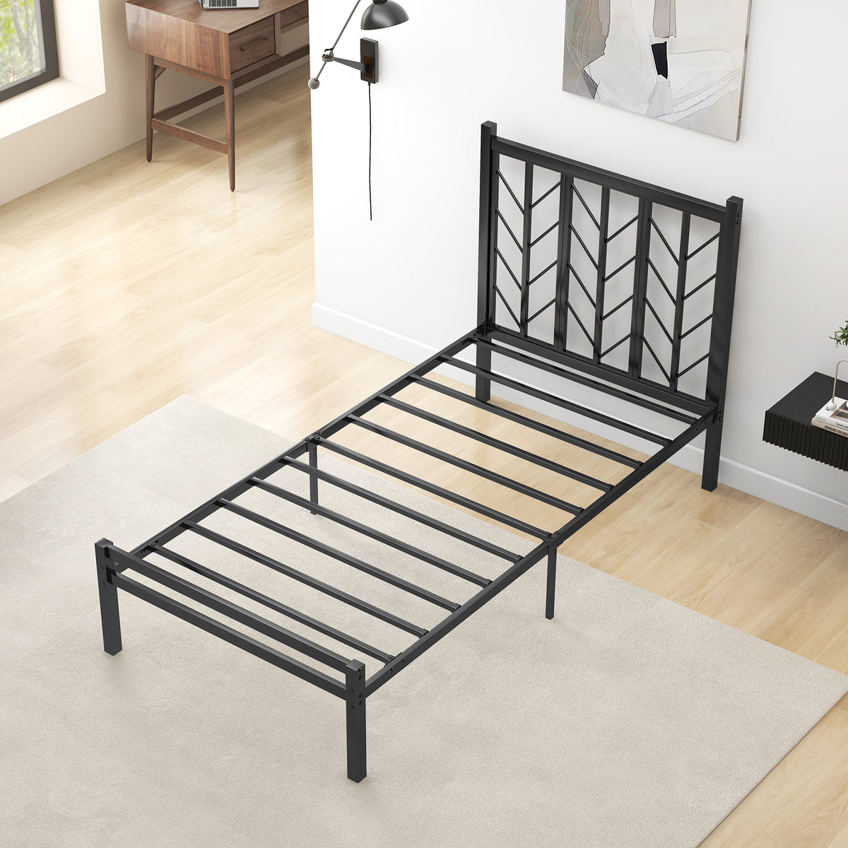 Queen Size Platform Bed with Branch Headboard & Metal Frame