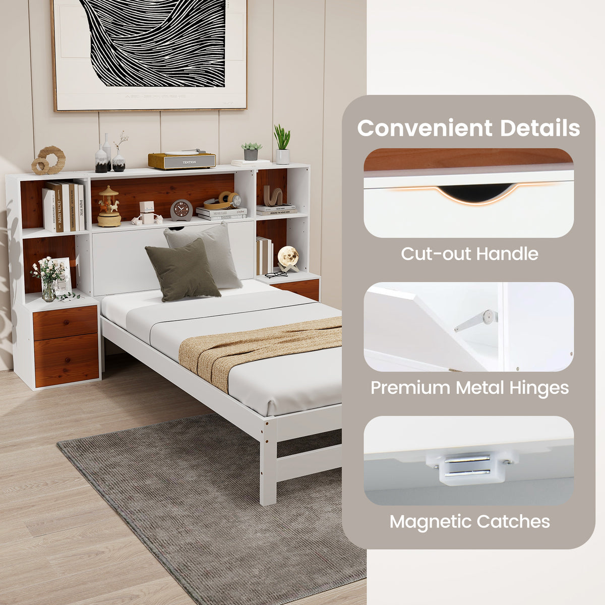 Twin Bed Frame with Storage Headboard and Nightstands