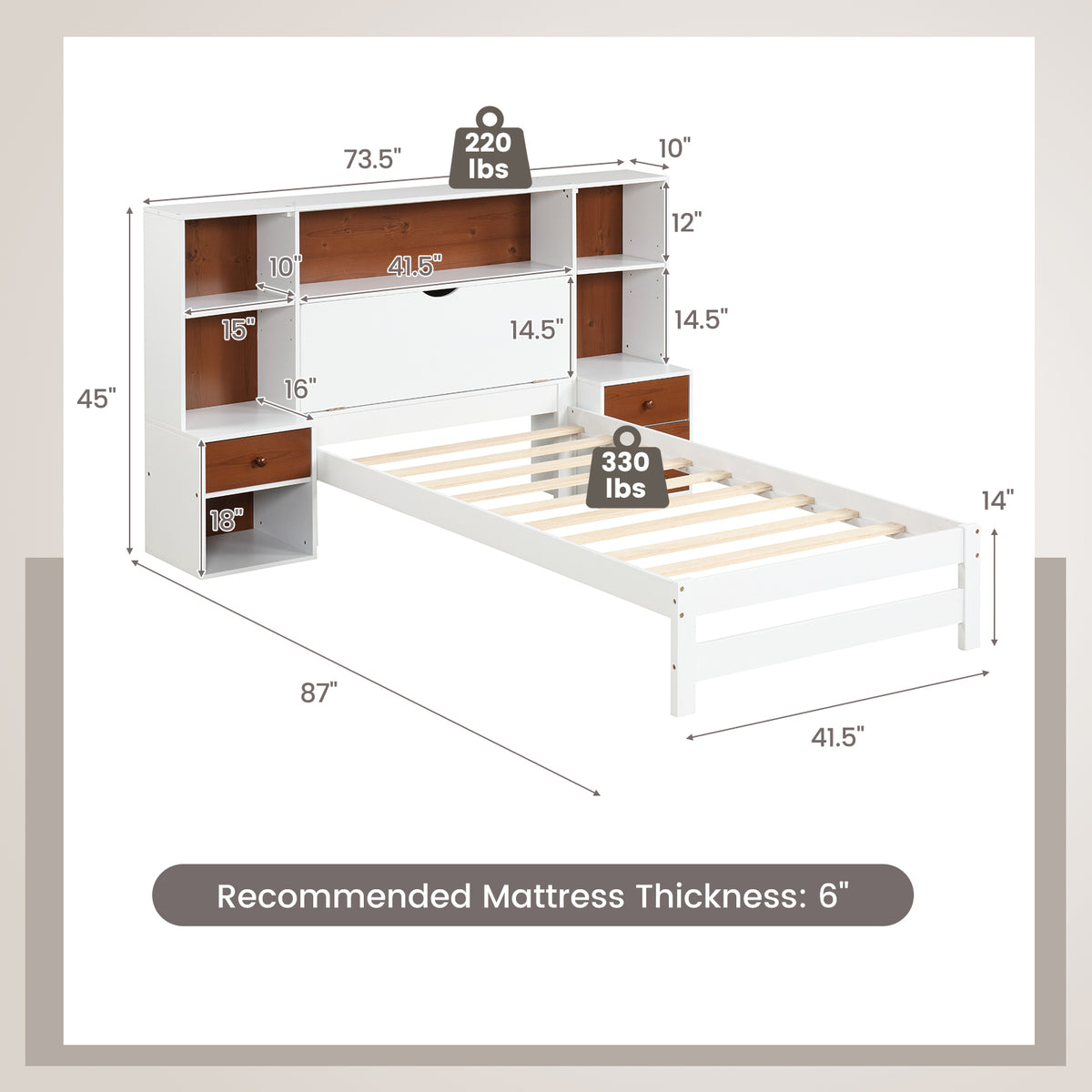 Twin Bed Frame with Storage Headboard and Nightstands