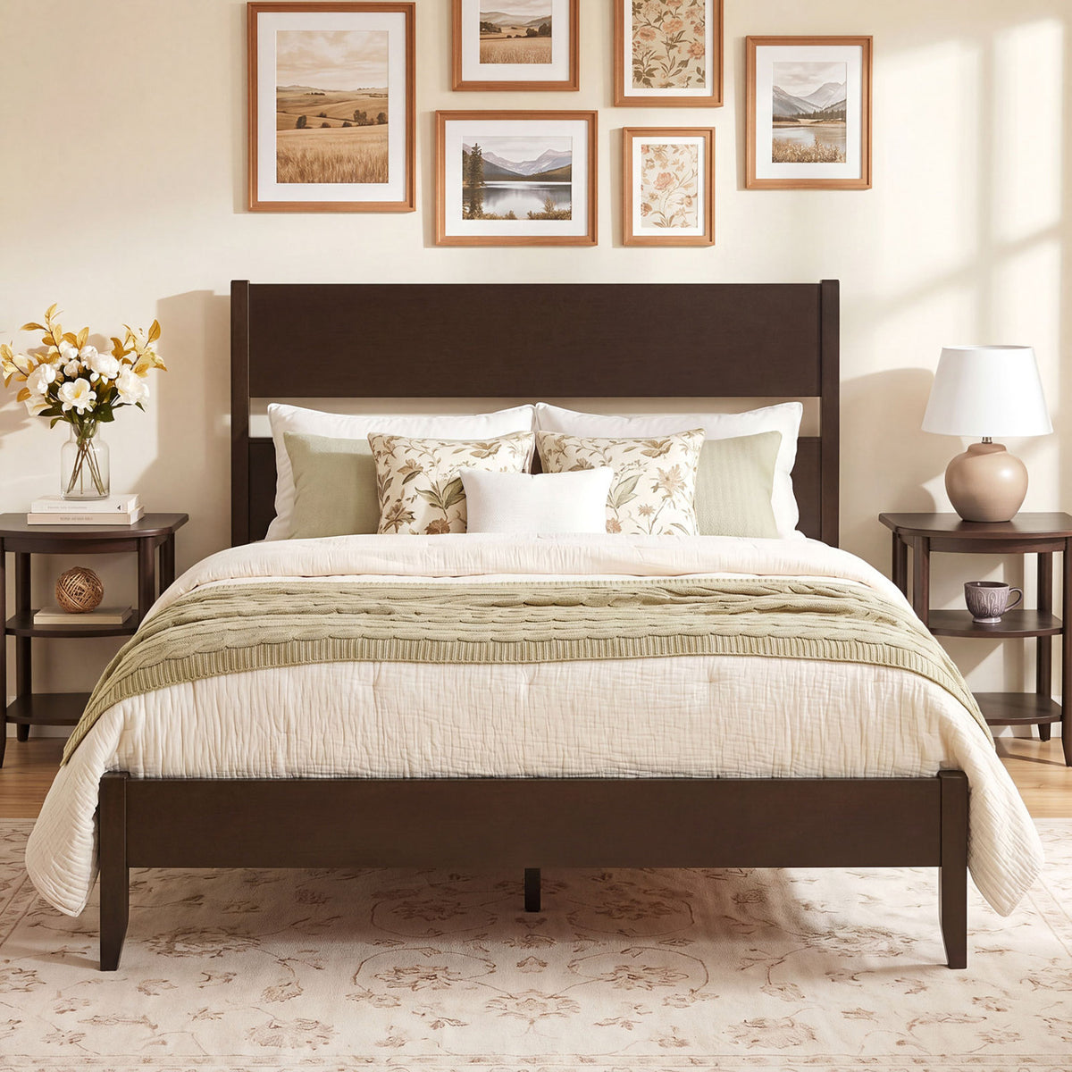 Full Bed Frame with Headboard & Wood Slats - Brown