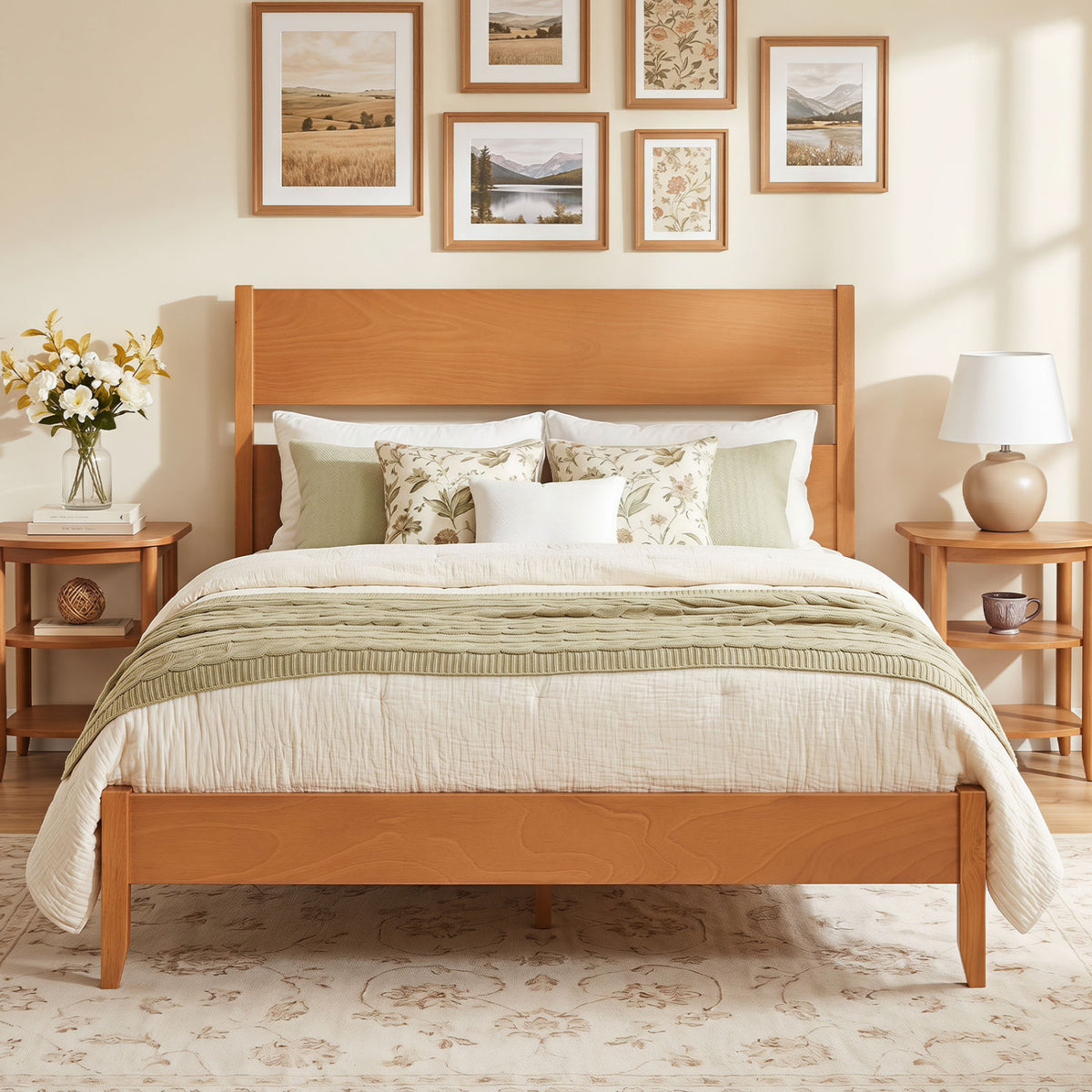 Full Bed Frame with Headboard & Wood Slats - Brown