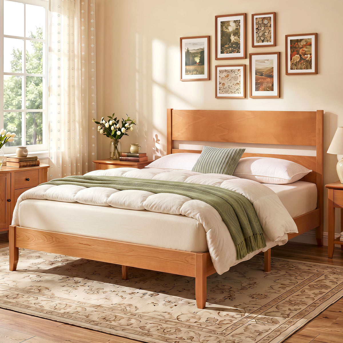 Full Bed Frame with Headboard and Wood Legs - 12 Slats, Brown