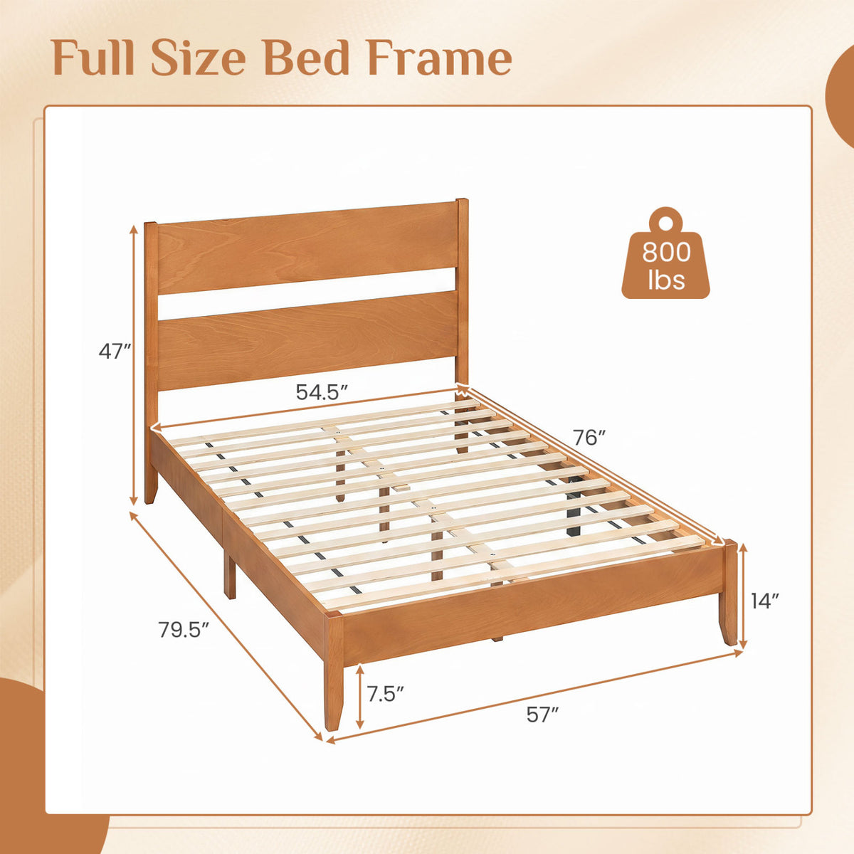 Full Bed Frame with Headboard and Wood Legs - 12 Slats, Brown
