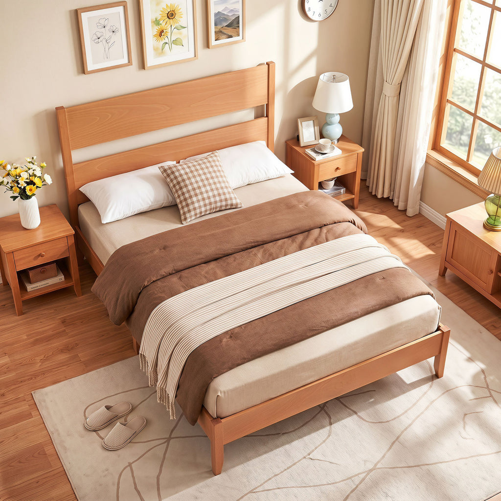 Full Bed Frame with Headboard & Wood Slats - Brown