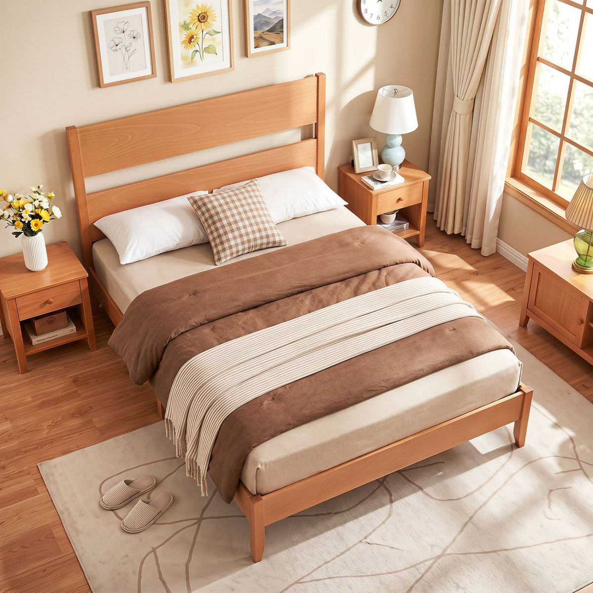 Full Bed Frame with Headboard & Wood Slats - Brown