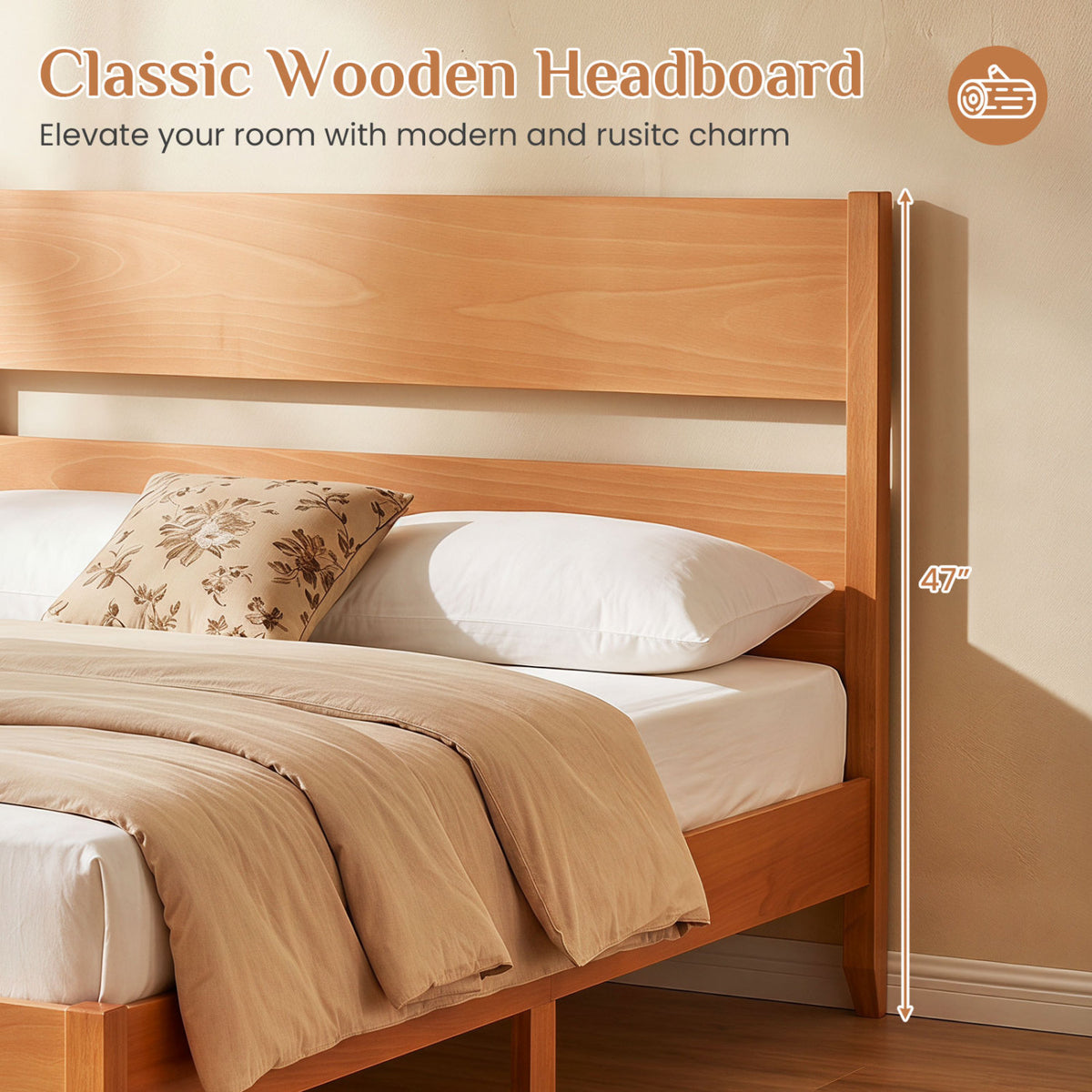Full Bed Frame with Headboard & Wood Slats - Brown