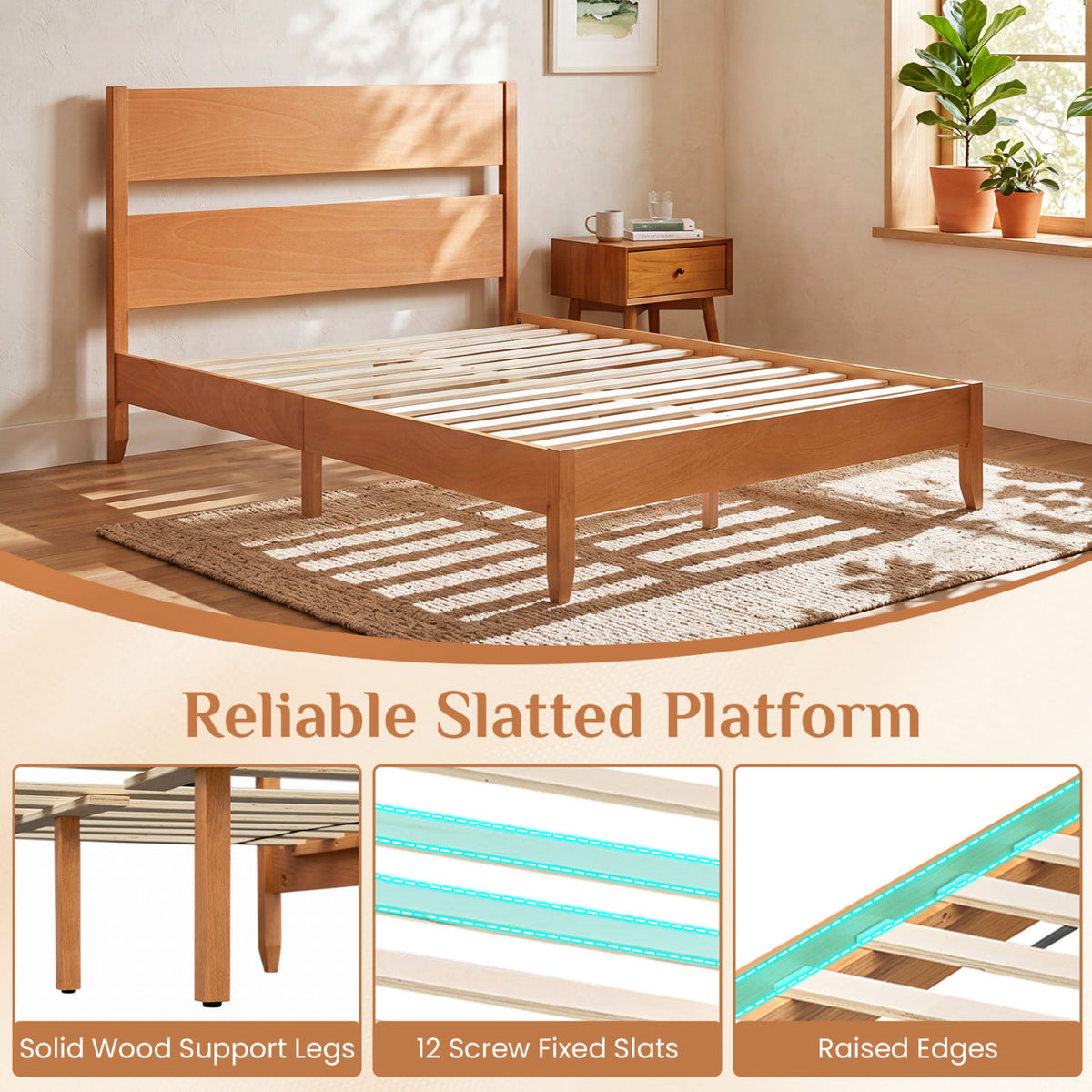 Full Bed Frame with Headboard & Wood Slats - Brown