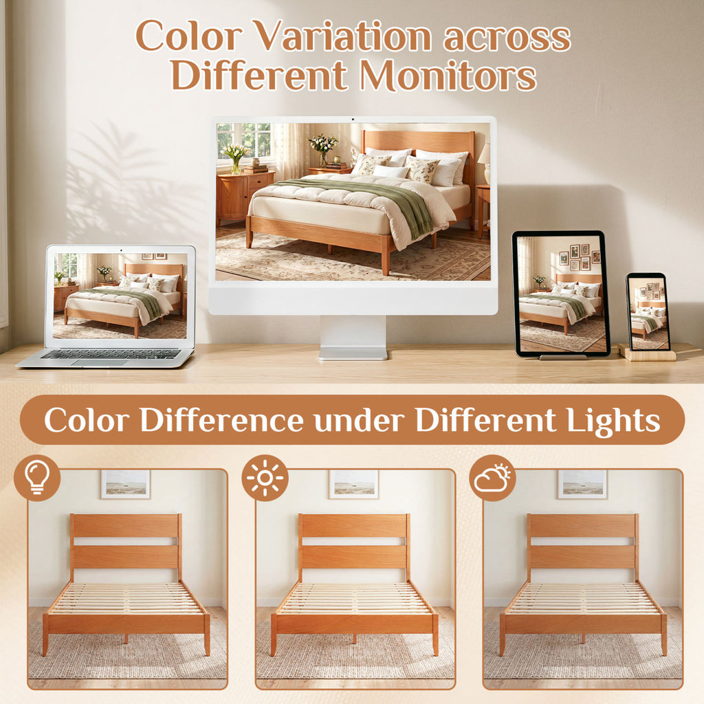 Full Bed Frame with Headboard and Wood Legs - 12 Slats, Brown
