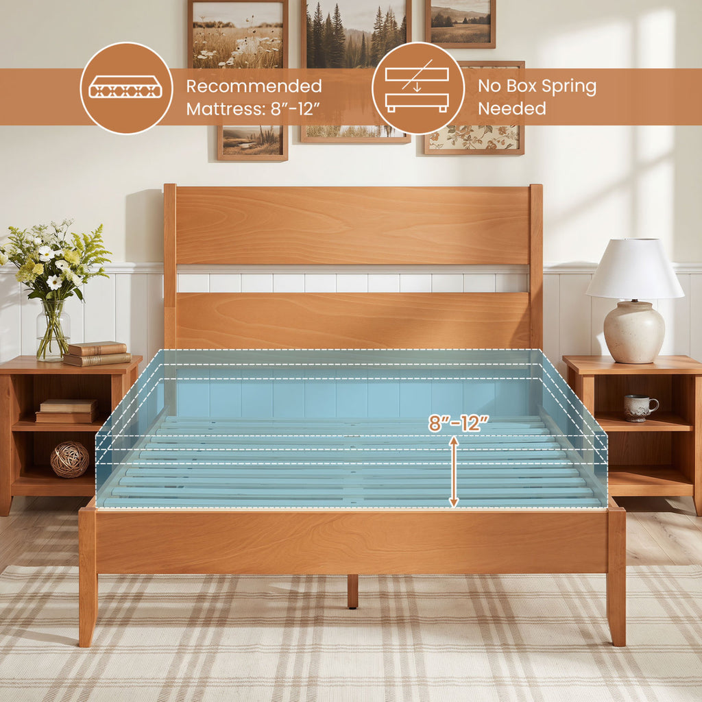 Full Bed Frame with Headboard & Wood Slats - Brown