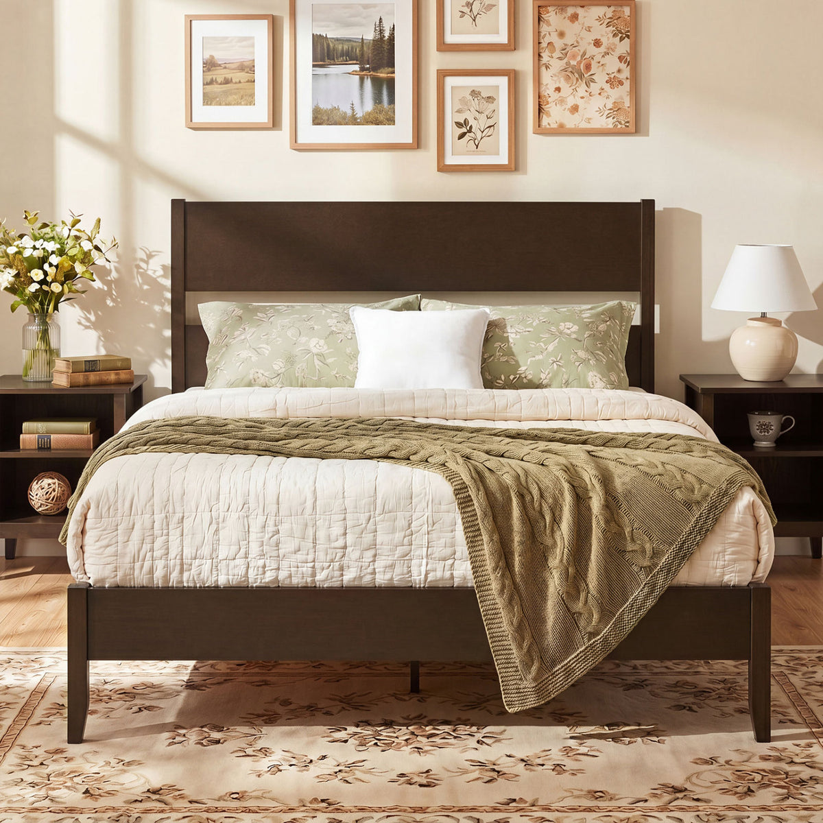 Queen Bed Frame with Headboard and Wood Legs - Brown