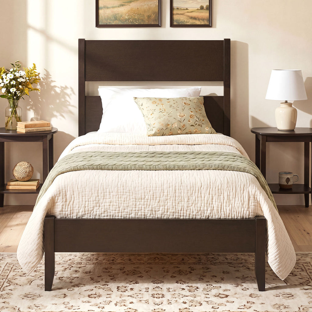 Twin Bed Frame with Headboard & 12 Slats - Brown