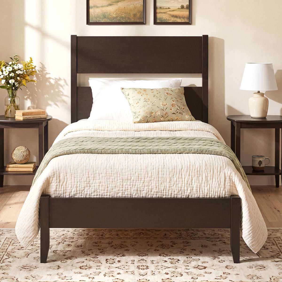 Twin Bed Frame with Headboard & 12 Slats - Brown