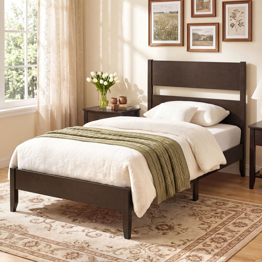 Twin Bed Frame with Headboard & Wood Legs - Dark Walnut