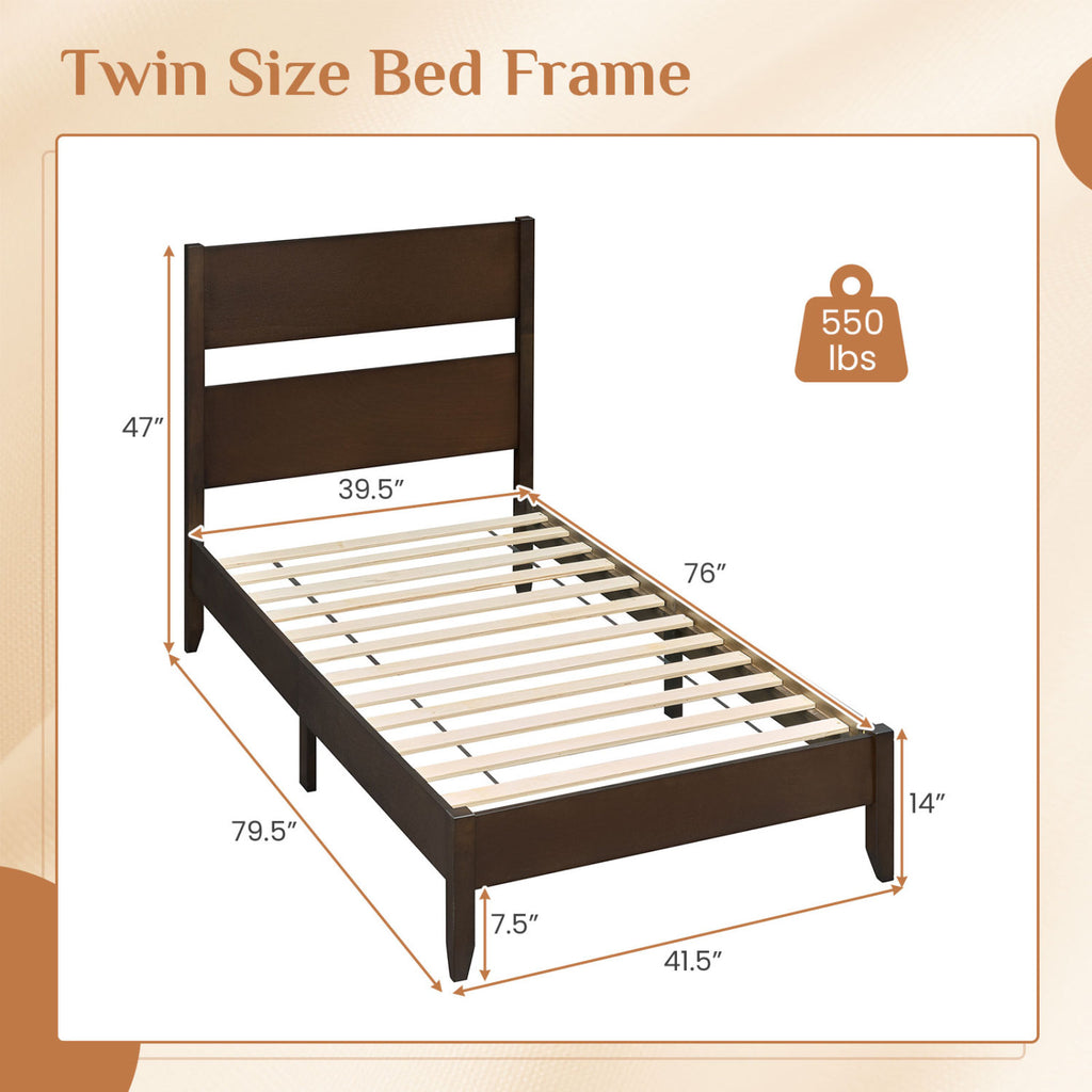 Twin Bed Frame with Headboard & Wood Legs - Dark Walnut