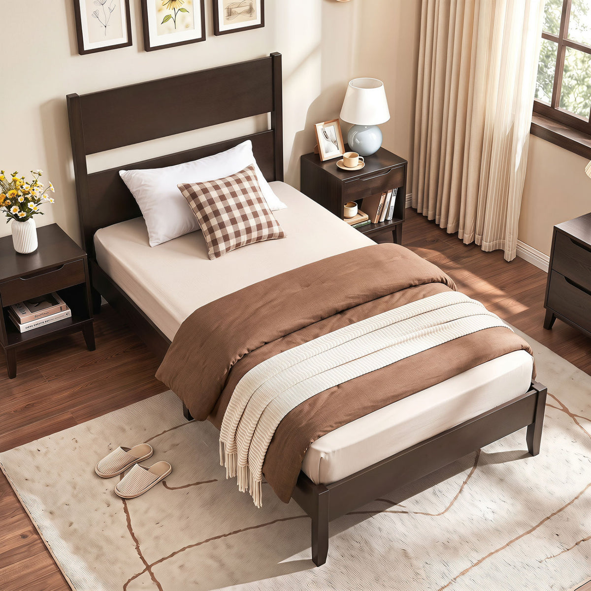 Twin Bed Frame with Headboard & Wood Legs - Dark Walnut