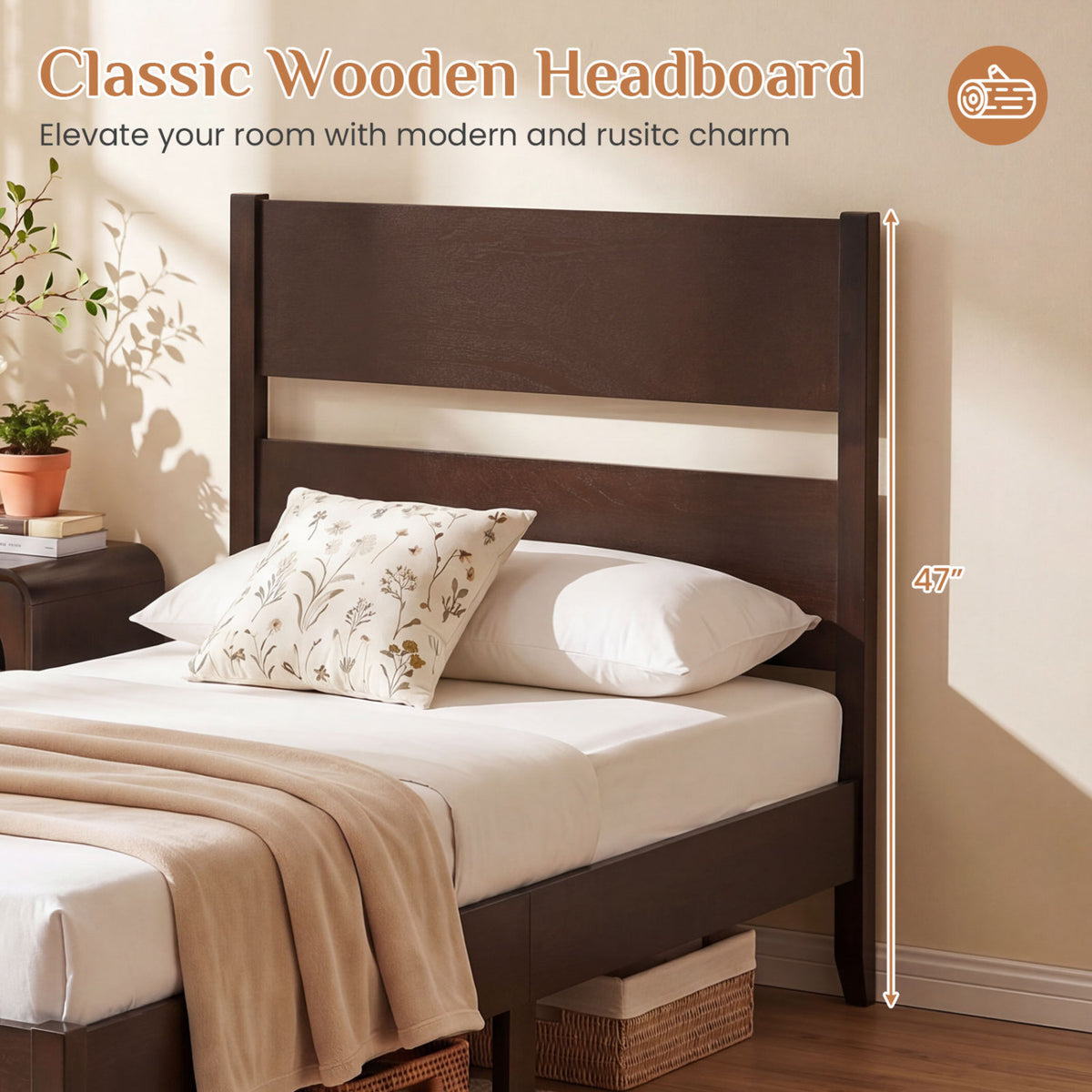 Twin Bed Frame with Headboard & Wood Legs - Dark Walnut