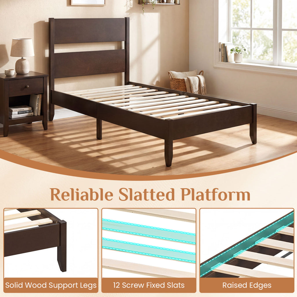 Twin Bed Frame with Headboard & Wood Legs - Dark Walnut