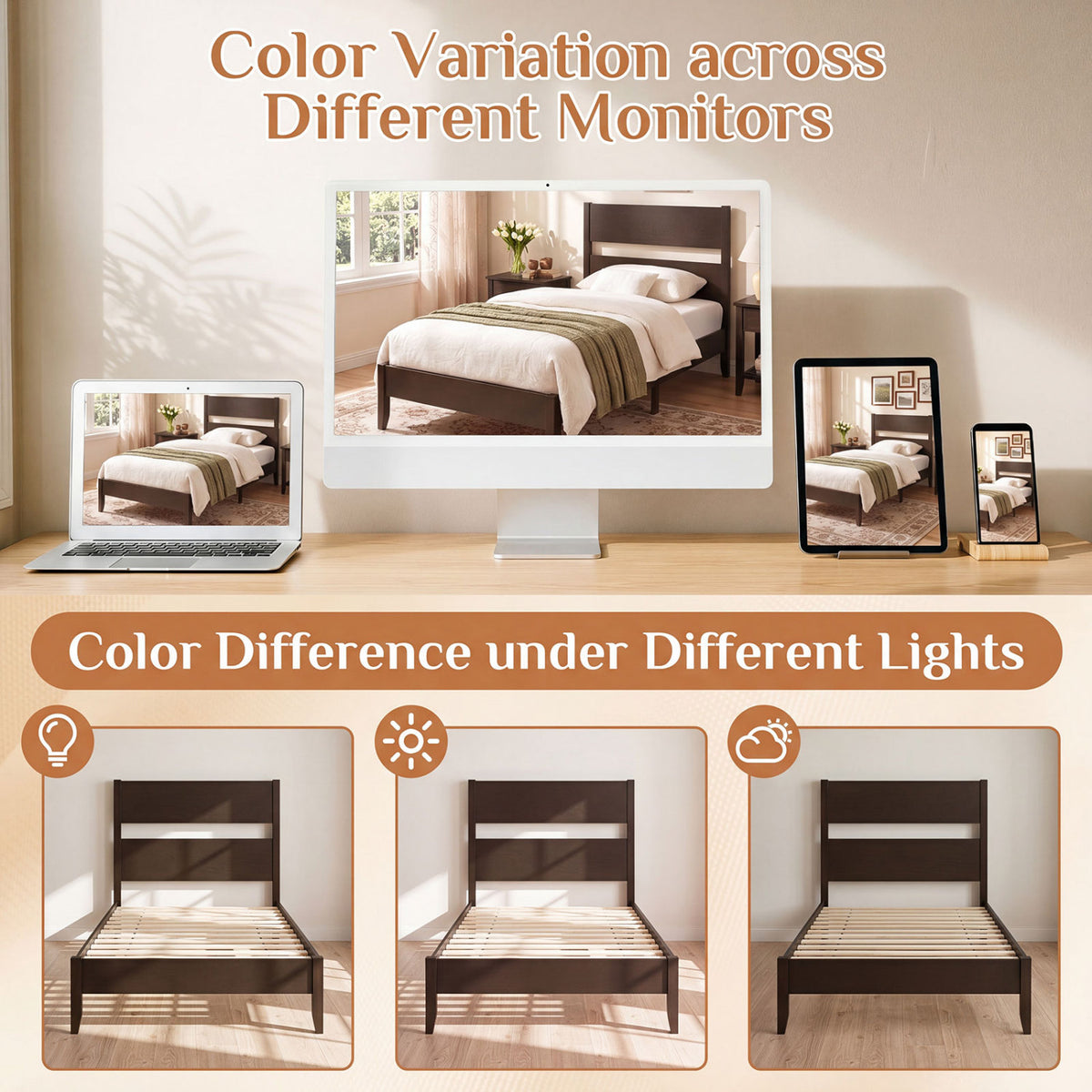 Twin Bed Frame with Headboard & Wood Legs - Dark Walnut