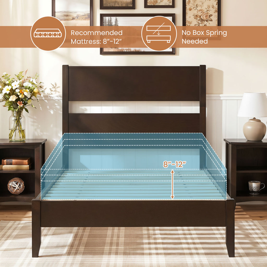 Twin Bed Frame with Headboard & Wood Legs - Dark Walnut