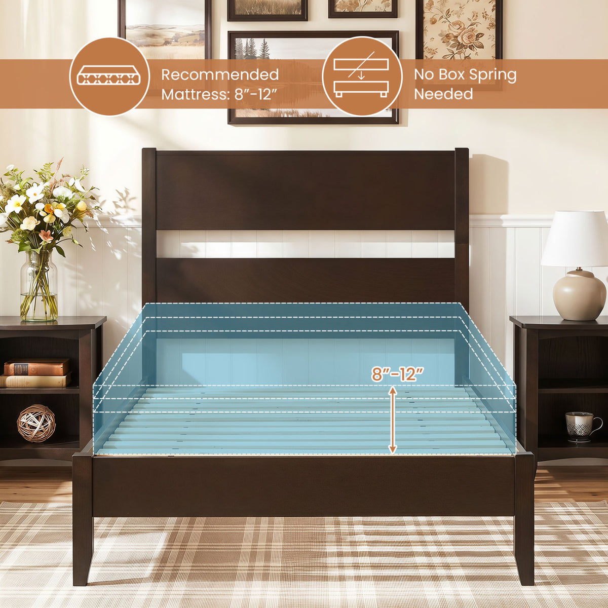 Twin Bed Frame with Headboard & Wood Legs - Dark Walnut