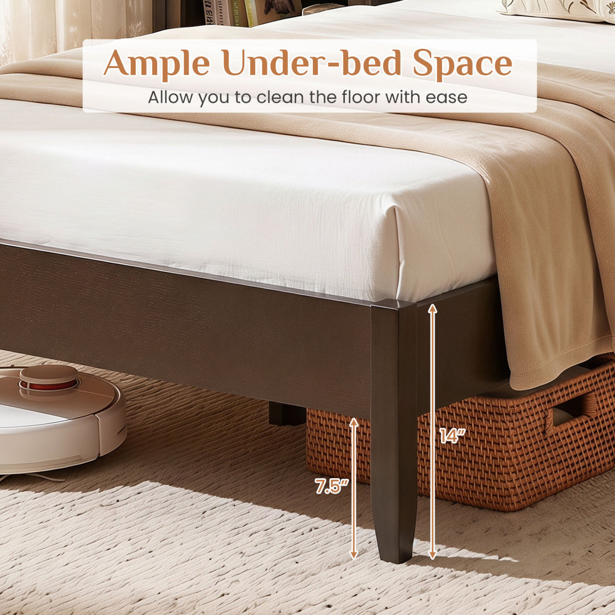 Twin Bed Frame with Headboard & Wood Legs - Dark Walnut