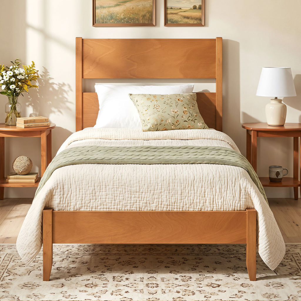 Twin Bed Frame with Headboard & 12 Slats - Brown