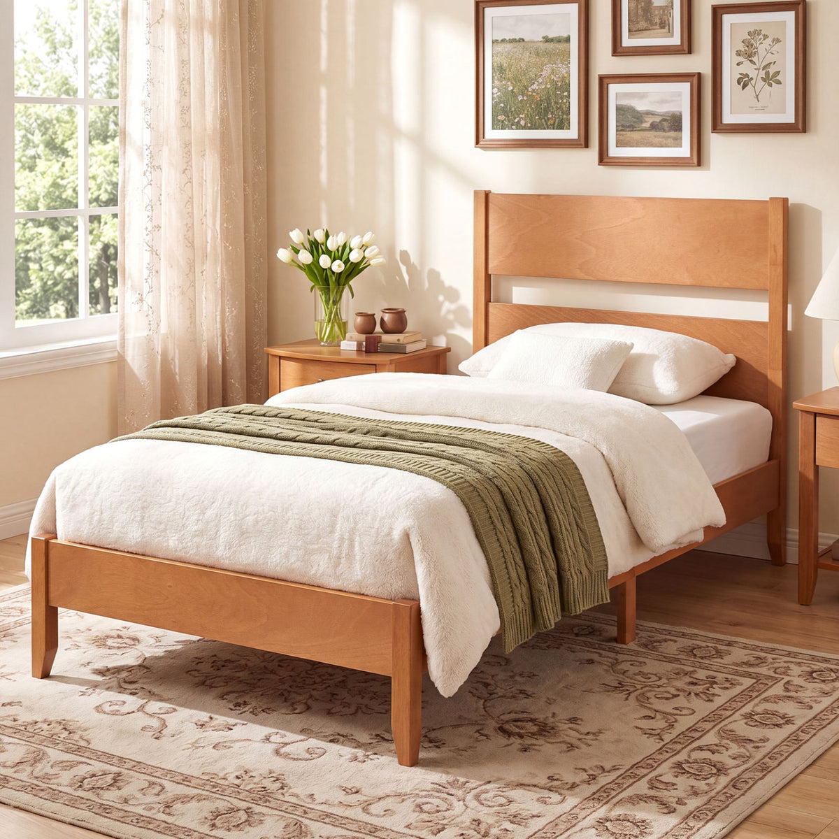Twin Bed Frame with Headboard & 12 Slats - Brown