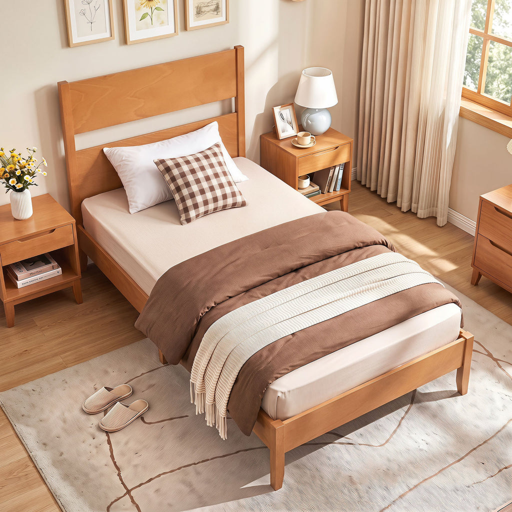 Twin Bed Frame with Headboard & 12 Slats - Brown