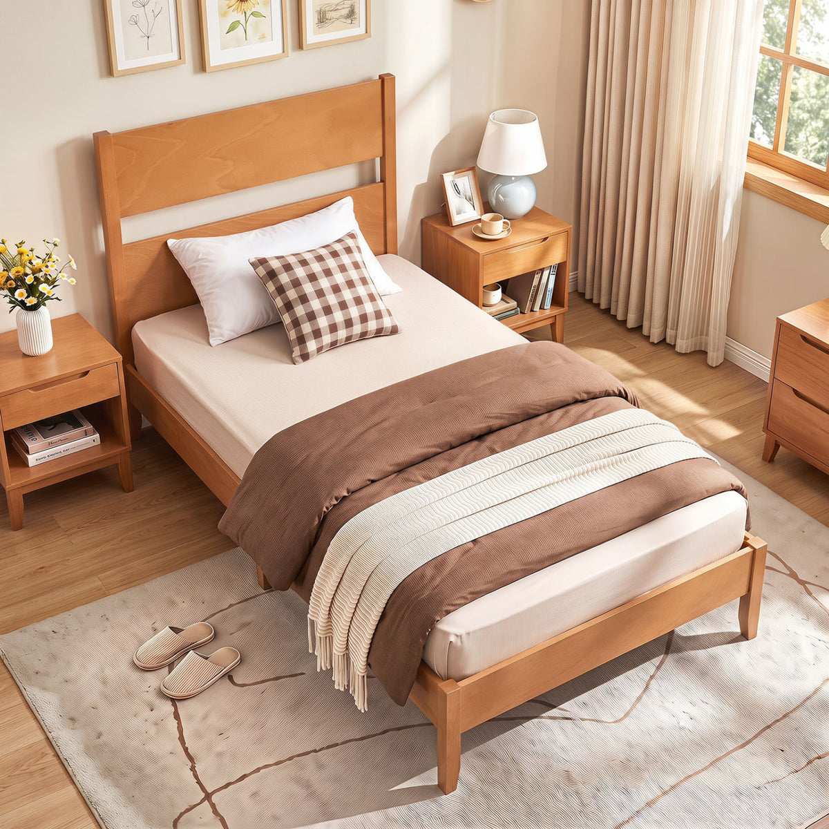 Twin Bed Frame with Headboard & 12 Slats - Brown