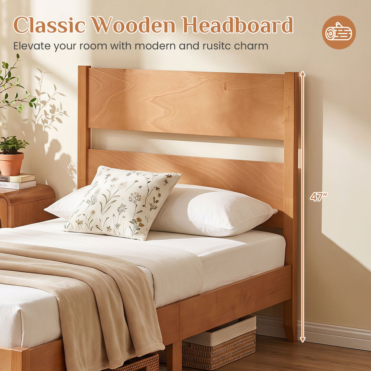 Twin Bed Frame with Headboard & 12 Slats - Brown
