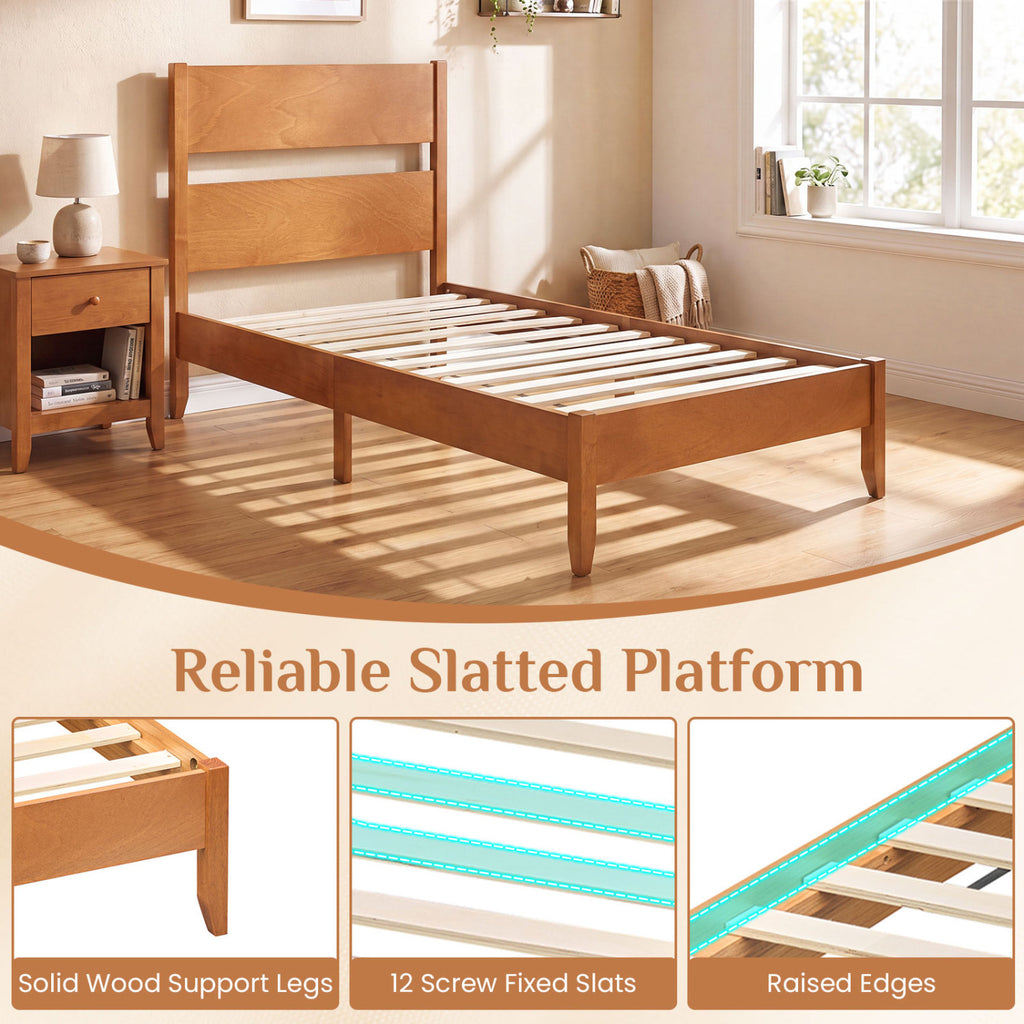 Twin Bed Frame with Headboard & 12 Slats - Brown