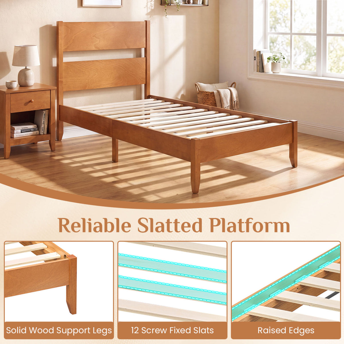 Twin Bed Frame with Headboard & 12 Slats - Brown