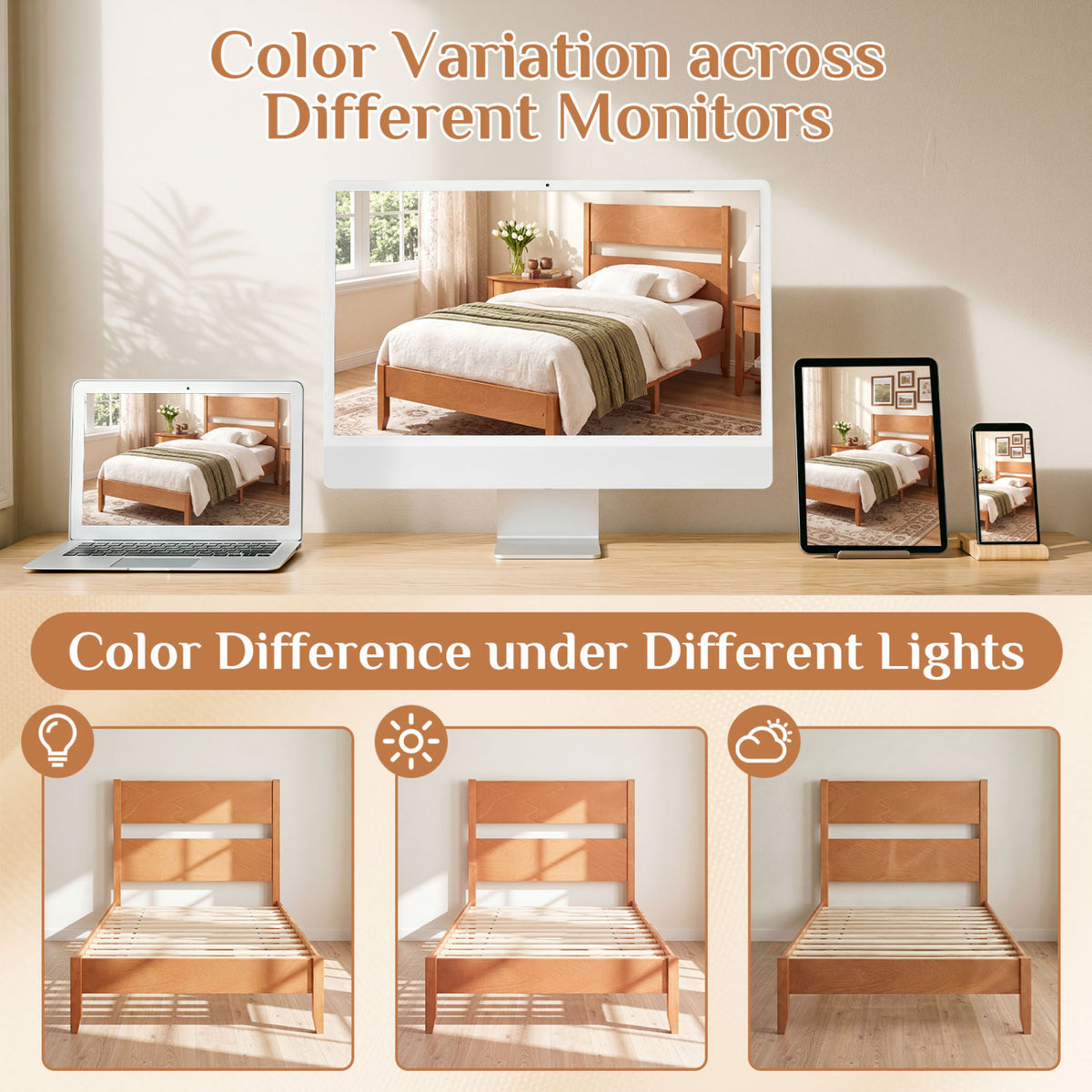 Twin Bed Frame with Headboard & 12 Slats - Brown