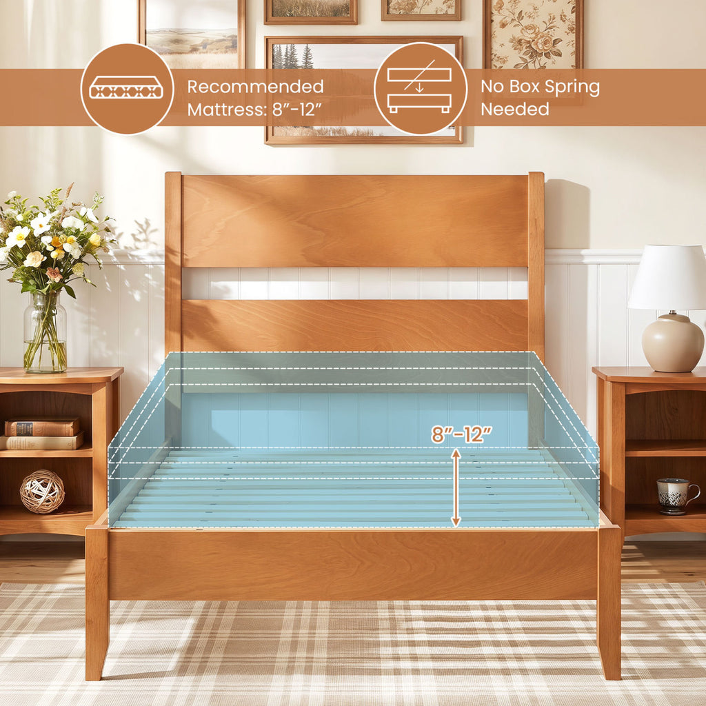 Twin Bed Frame with Headboard & 12 Slats - Brown