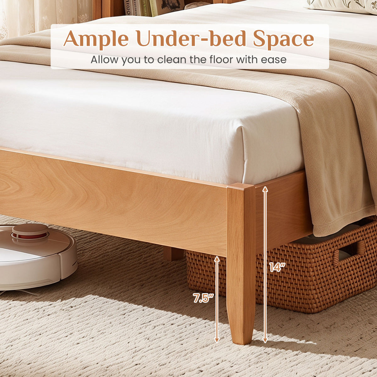 Twin Bed Frame with Headboard & 12 Slats - Brown