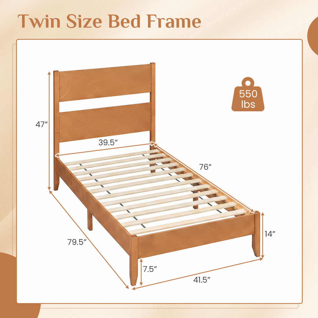 Twin Bed Frame with Headboard & 12 Slats - Brown