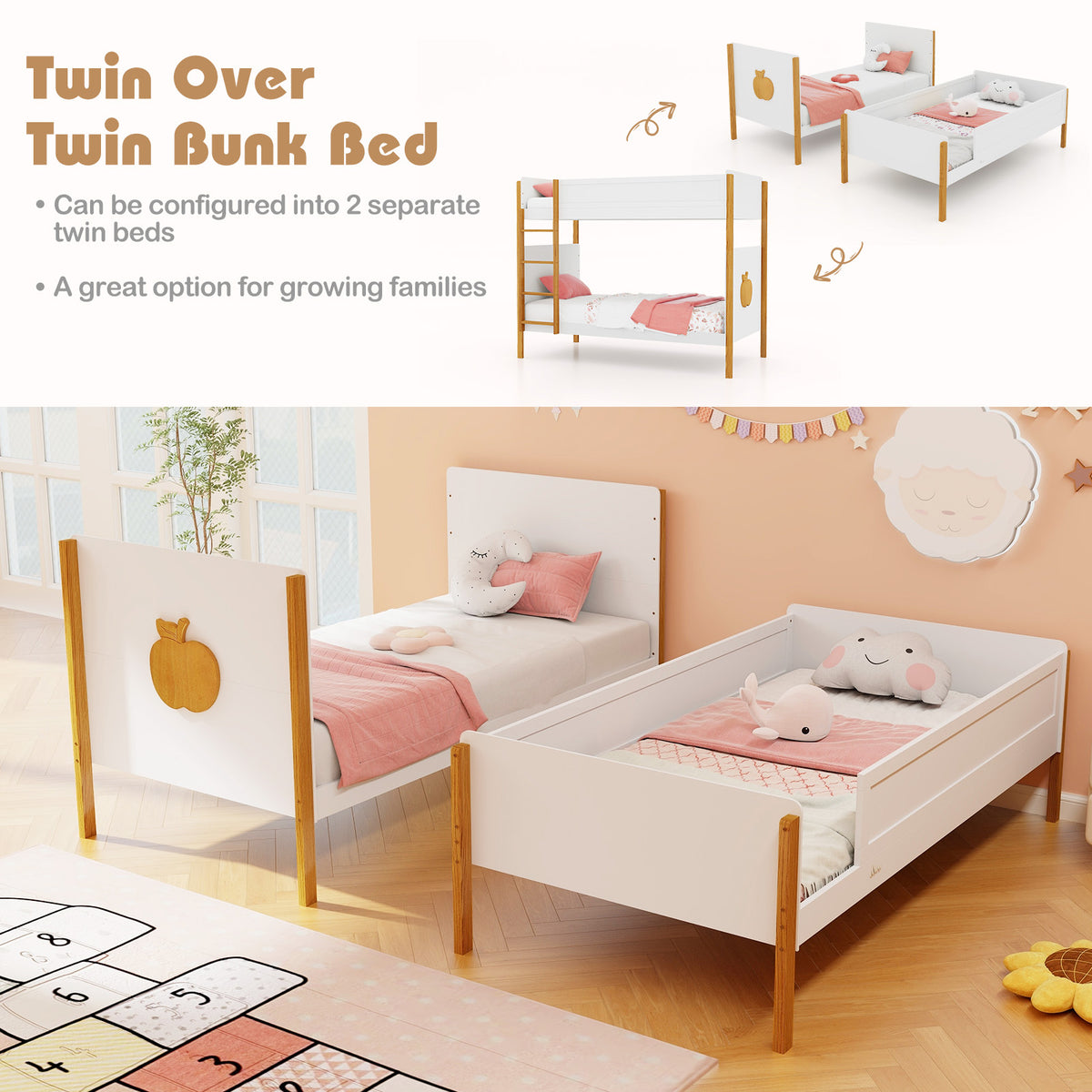 Twin Over Twin Bunk Bed with Ladder and Guardrails - Twin Size