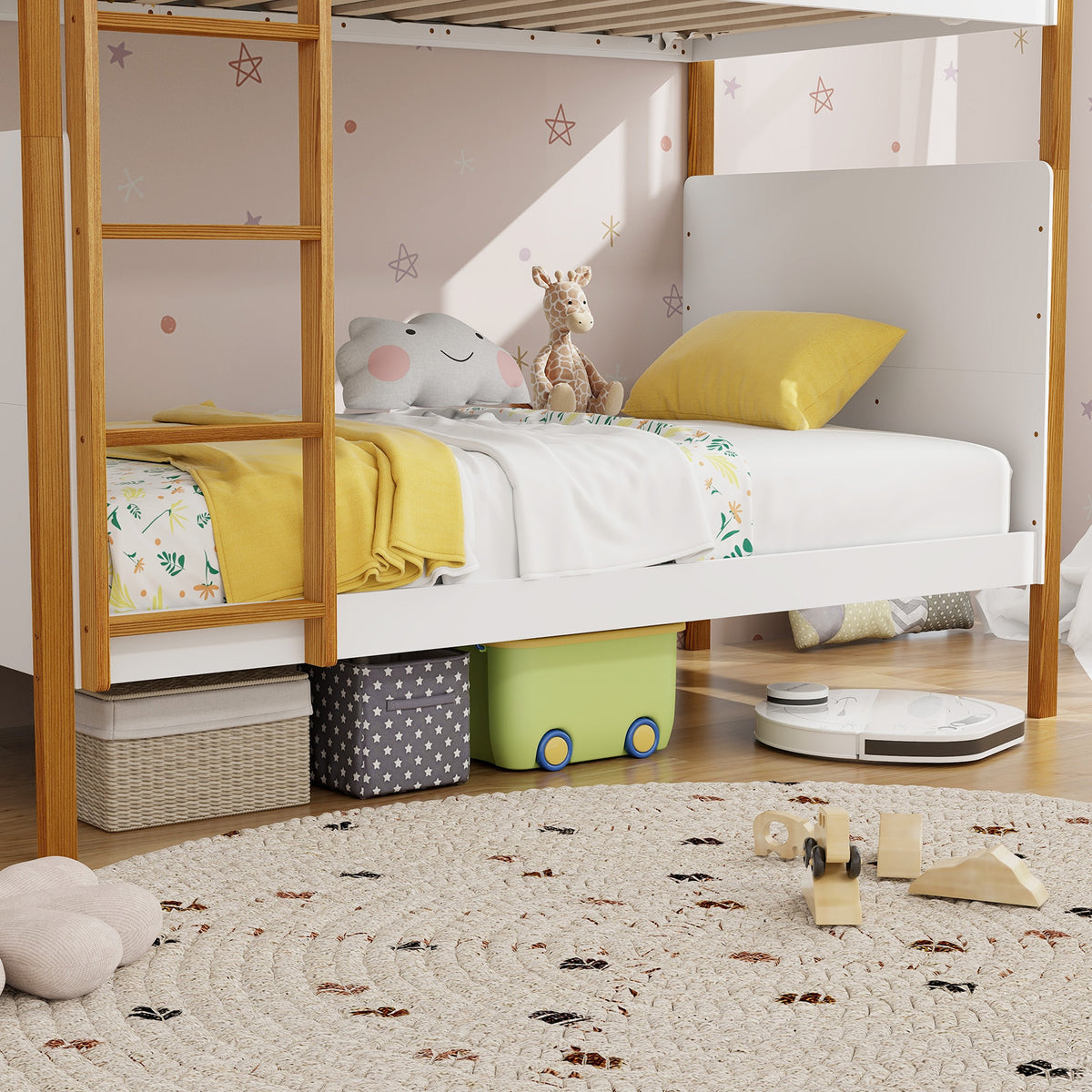 Twin Over Twin Bunk Bed with Ladder and Guardrails - Twin Size