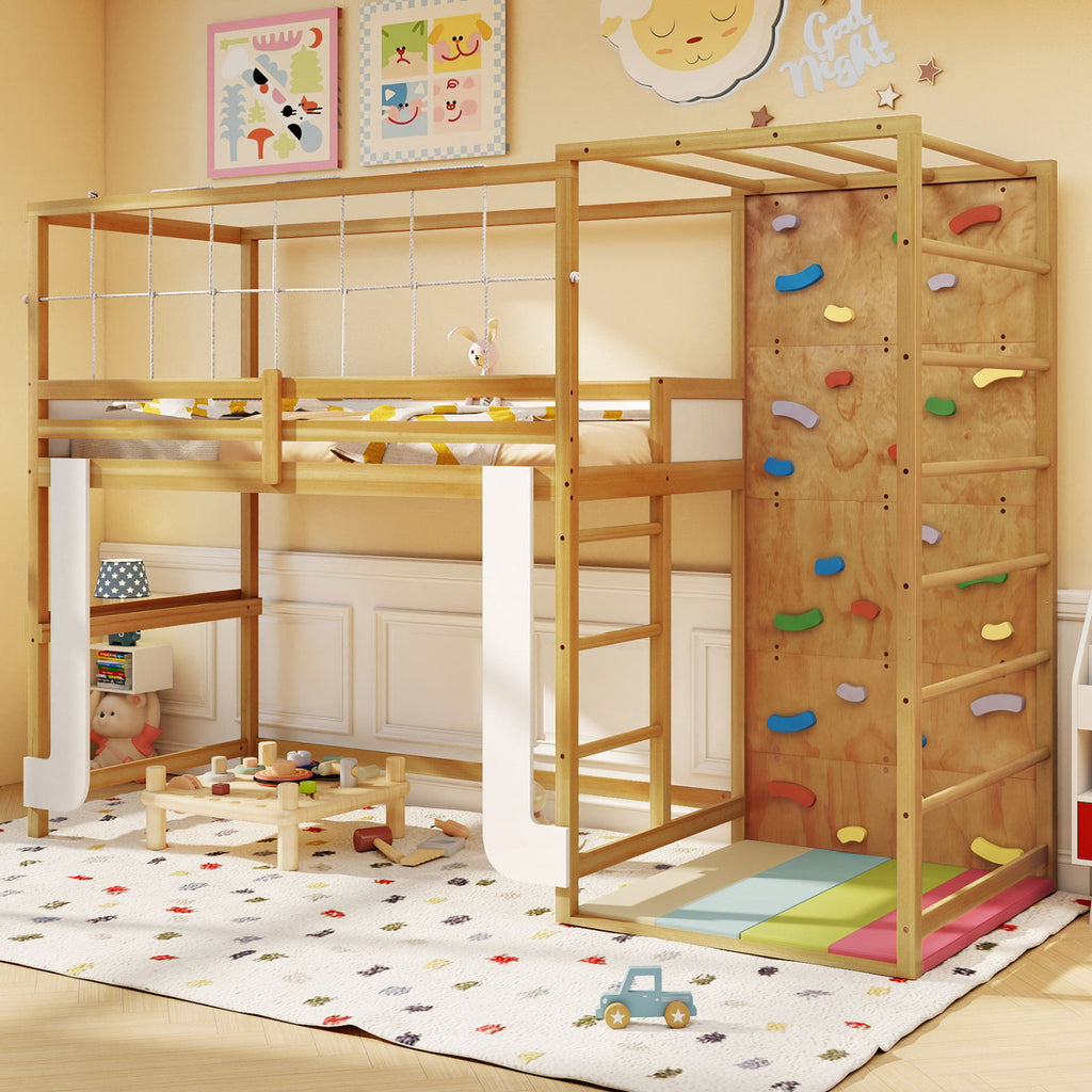 Twin Loft Bed with Jungle Gym & Climbing Ladder - Natural