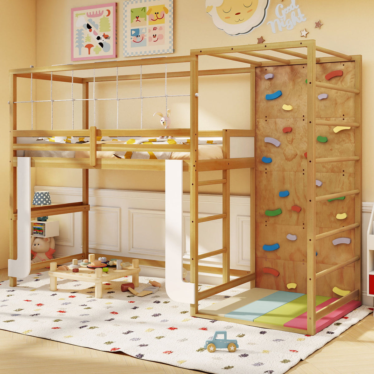 Twin Loft Bed with Jungle Gym & Climbing Ladder - Natural