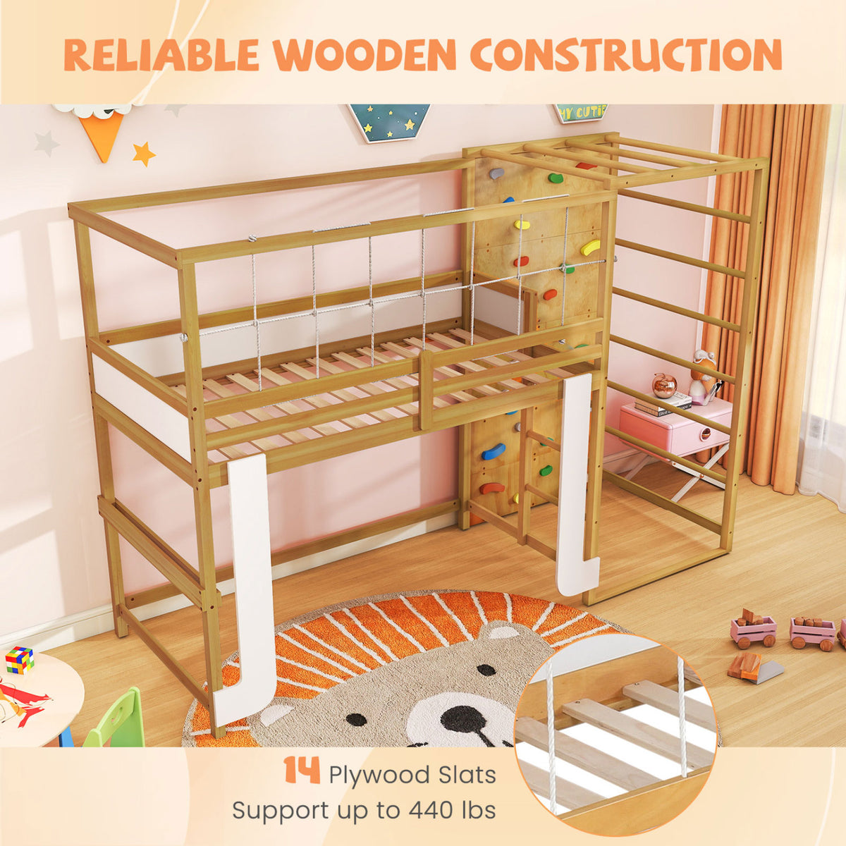 Twin Loft Bed with Jungle Gym & Climbing Ladder - Natural