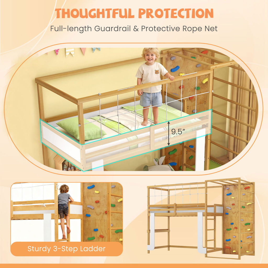 Twin Loft Bed with Jungle Gym & Climbing Ladder - Natural