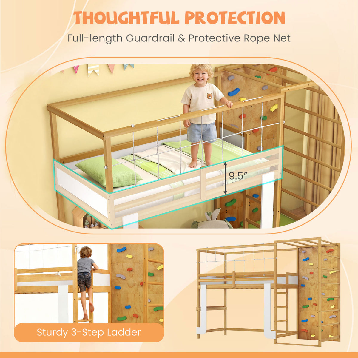 Twin Loft Bed with Jungle Gym & Climbing Ladder - Natural
