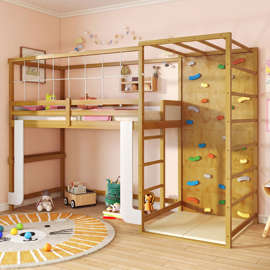 Twin Loft Bed with Jungle Gym & Climbing Ladder - Natural